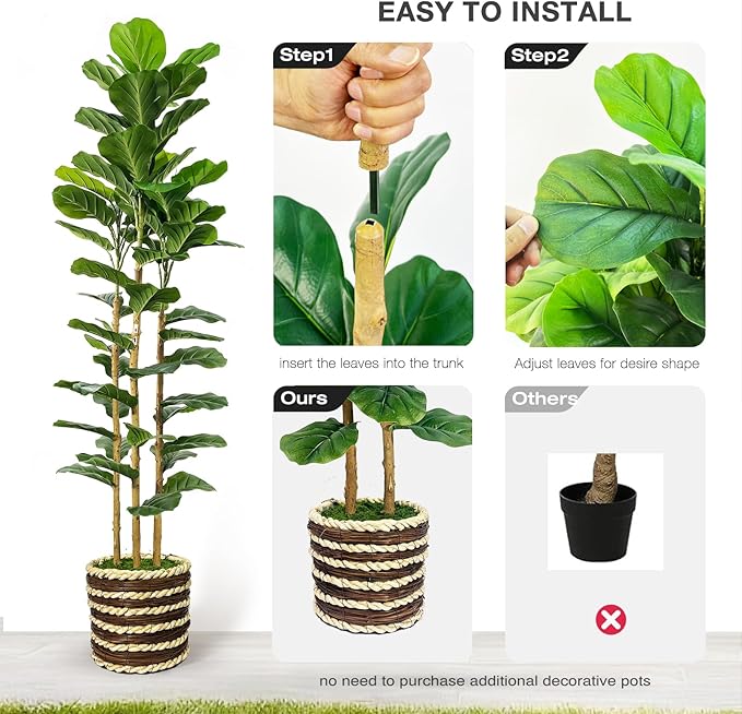 Artificial Fiddle Leaf Fig Tree Indoor with Woven Basket - 5ft Tall Fake Tree with Real-Wood Trunk,Faux Plants for Living Rooms, Offices, Kitchens & Outdoor Spaces (Round Basket)