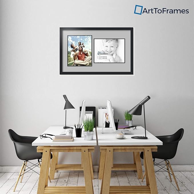 ArtToFrames Collage Photo Frame Double Mat with 2 - 11x14 Openings and Satin Black Frame