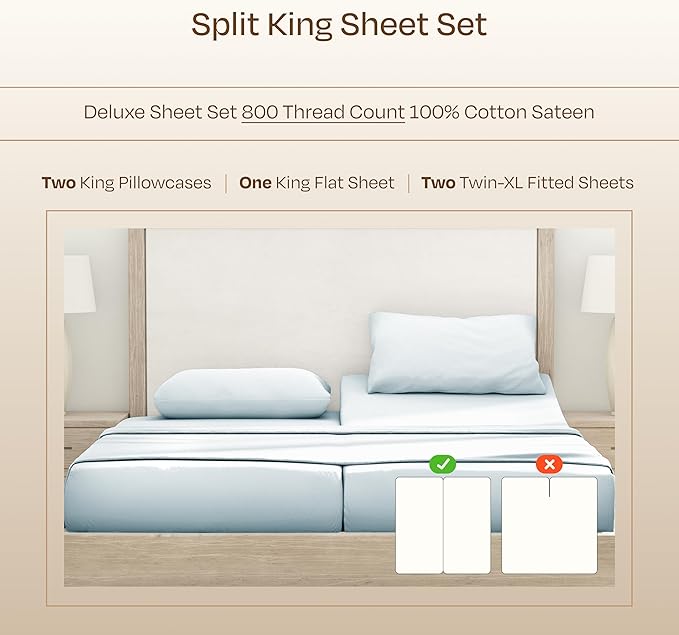 California Design Den Split Top King Sheets Sets For Adjustable Bed - Luxury Hotel 800 Thread Count Sateen, Natural 100% Cotton Cooling Sheets, Durable Deep Pockets with Anti-Skid Elastic - Light Blue
