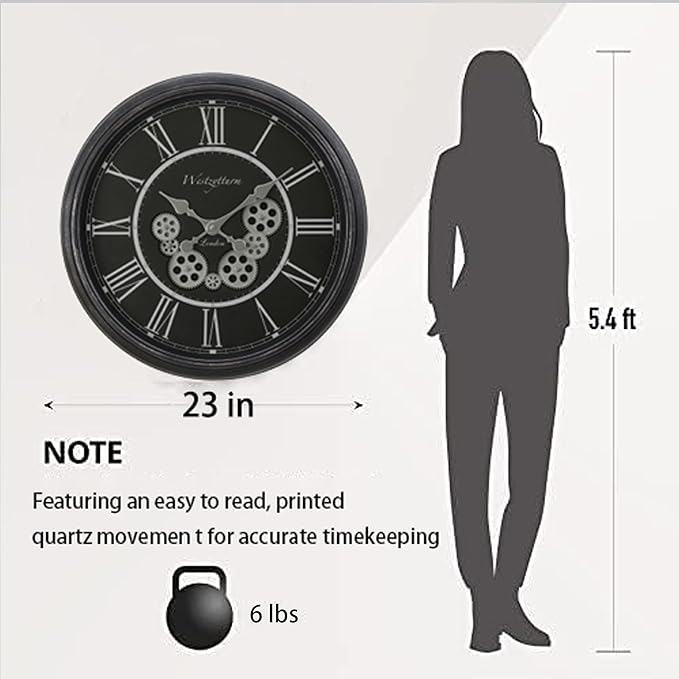 23 Inch Black Steampunk Wall Clock with Decorative Gears, Industrial Vintage Analog Clock for Living Room, Farmhouse, Office Decor, Silent Non-Ticking Battery Operated