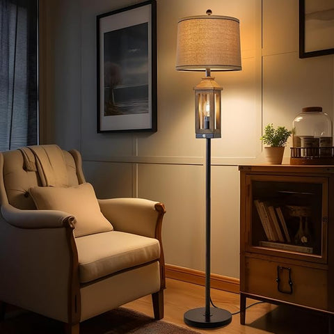 63" Farmhouse Floor Lamps for Living Room Bedside Nightstand Lamp Black Tall Standing Lamp for Home Decor Bedroom Reading Wood Lamp Rustic Bed Lights with 2 Light Sources