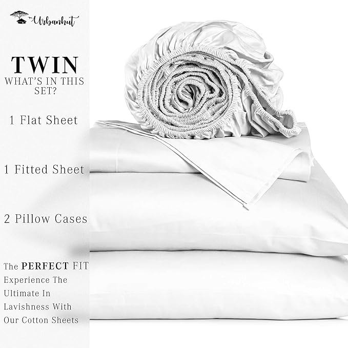 URBANHUT 700 Thread Count Egyptian Cotton Sheets Twin Size, 4Pc Sheet Set Soft Luxury Bed Sheets for Twin Size Bed, Sateen Weave Hotel Sheets, 16'' Elasticized Deep Pocket - White