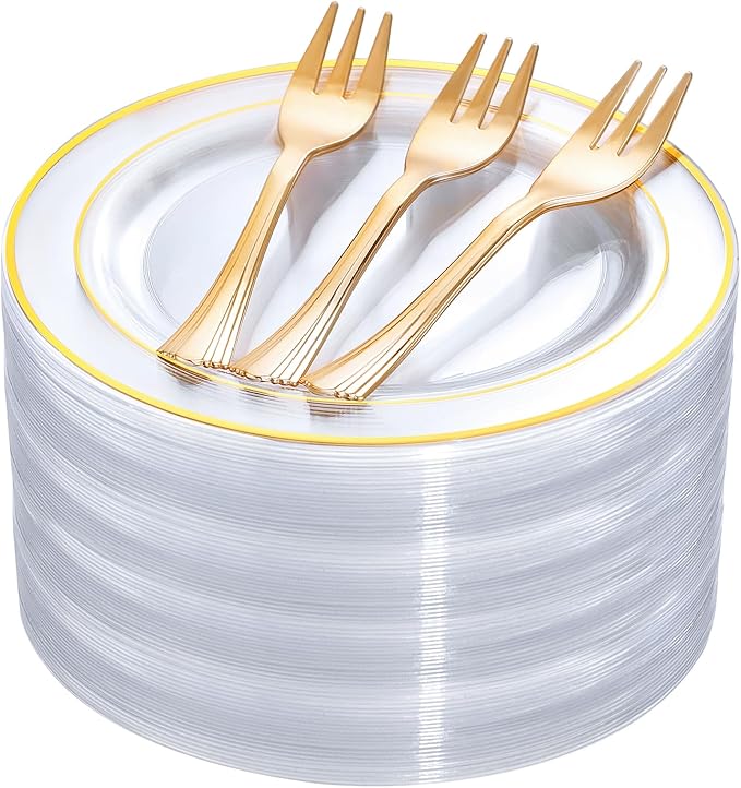 DaYammi 240Pcs Appetizer Plates Include 120Pcs Gold Dessert Plates 6.3inch with 120Pcs Gold Plastic Forks 5.7inch,Clear gold plates Disposable Salad Plate for Party Cake Plate for Wedding