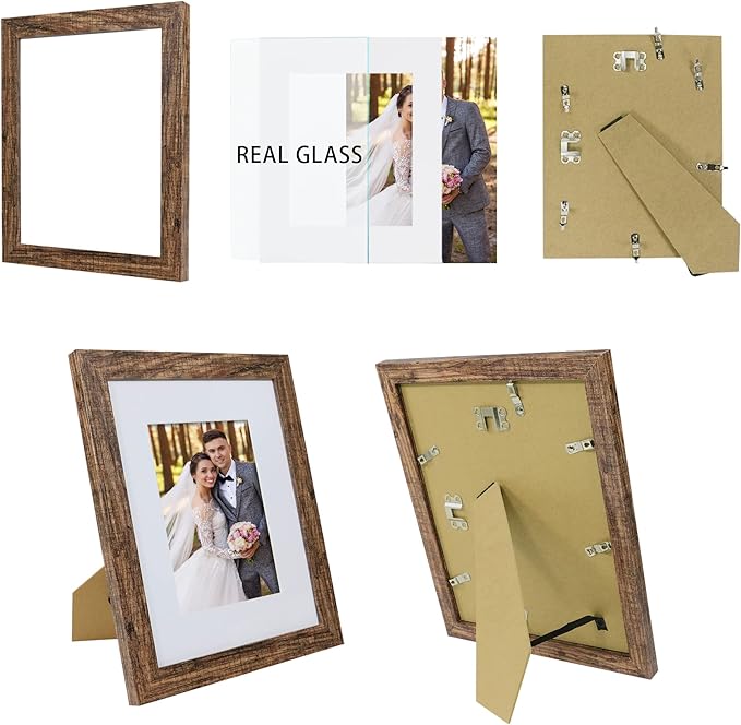 8x10 Picture Frame Set of 2, Made of Real Glass and Rustic Brown Wooden Frame - Display Picture 5x7 with Mat or 8x10 Without Mat, 8 by 10 Photo for Wall or Tabletop