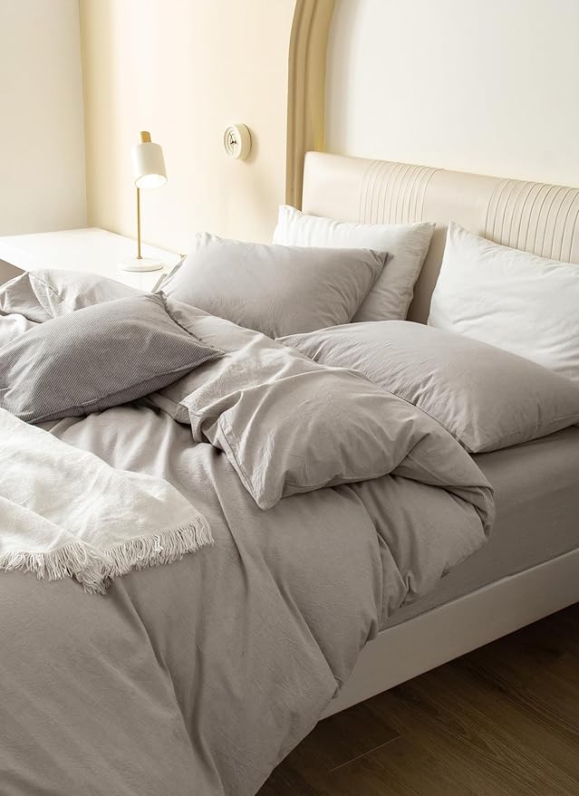 JIYUAN 100% Washed Cotton Duvet Cover Set 3 PCS Super King Plus, 1 Duvet Cover 120"x120" (Comforter Not Included) and 2 Pillowcases,Linen Feel Bedding Set Comfy and Breathable, Heathered Cream Grey
