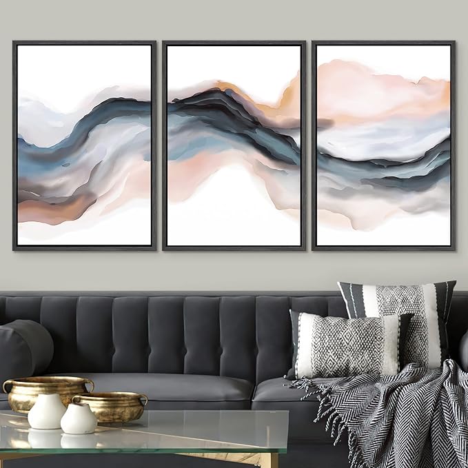 SIGNWIN Framed Canvas Print Wall Art Set Pastel Watercolor Blue Brown Ink Wave Smoke Landscape Abstract Shapes Illustrations Modern Art Decorative for Living Room, Bedroom, Office - 24"x36"x3 Black