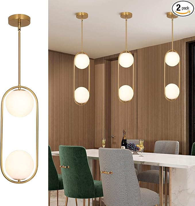 SeeU Modern Pendant Lighting Mid Century Globe Pendant Light Fixture Gold Pendant Chandelier Hanging Lighting Fixture with White Globe Glass Lampshade for Kitchen Island Dining Room Bedroom