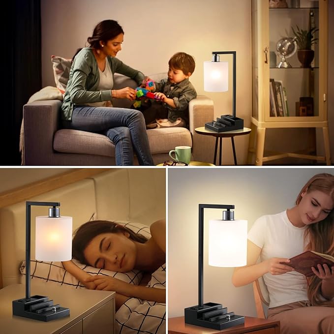 Dimmable Bedside Table Lamp with Dual USB Ports & AC Outlet, Adjustable Brightness & Color Temperature, Phone Holder & Pen Slot Organizer Base, End Table Lamp for Living Room Bedroom Home Office