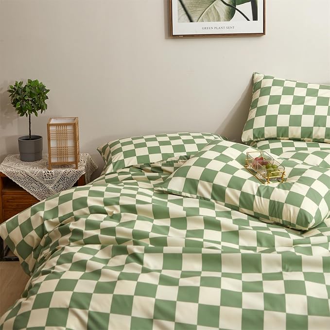 CLOTHKNOW Green White Plaid Comforter Set King 3Pcs Grid Bedding Comforter Sets All Season Checkerboard Comforter with 2 x Pillow Cases