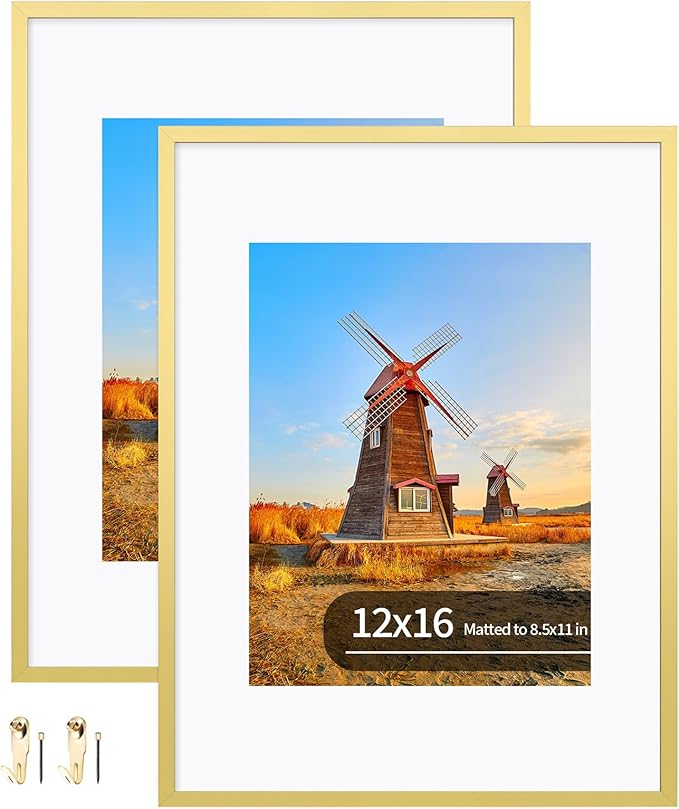 12x16 Metal Picture Frame Set of 2, 12 x 16 Aluminum Photo Frames with 8.5x11 Mat - Sawtooth Hangers, Spring Clips for Wall Mounting Horizontal and Vertical(Gold)