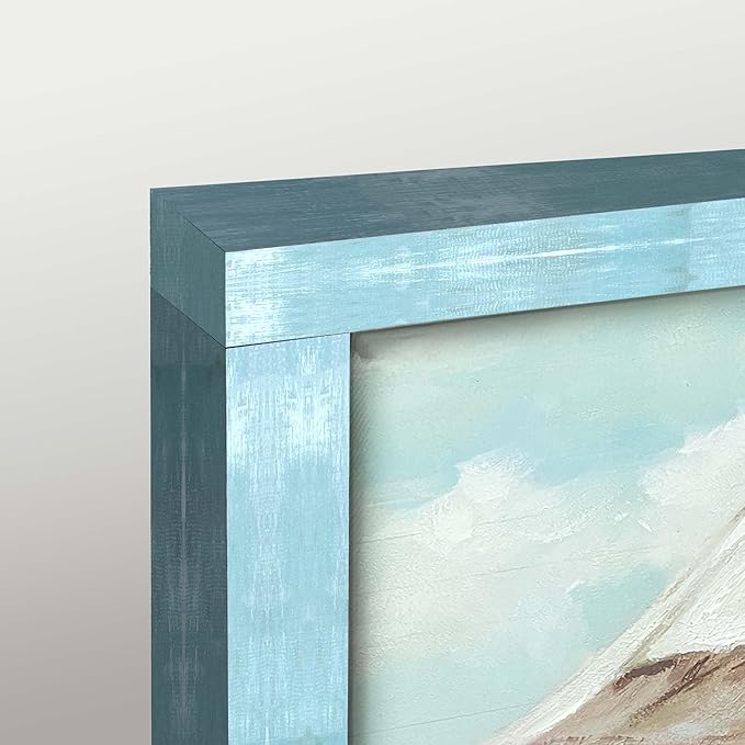 Rustic Coastal Framed Wall Art - Abstract Beach Chair Picture Ocean Painting Prints Calming Seascape Wooden Artwork Decor for Living Room