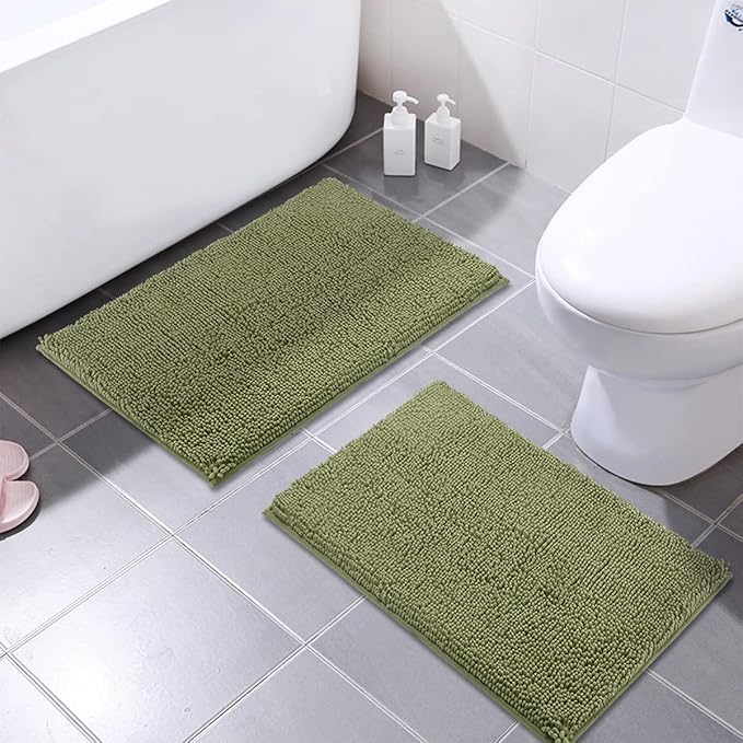 MAYSHINE Bathroom Rug Set 24x16, Soft Plush Chenille Bath Mat, PVC Non-Slip Backing, Absorbent, Washable, Quick-Dry, Sage Green