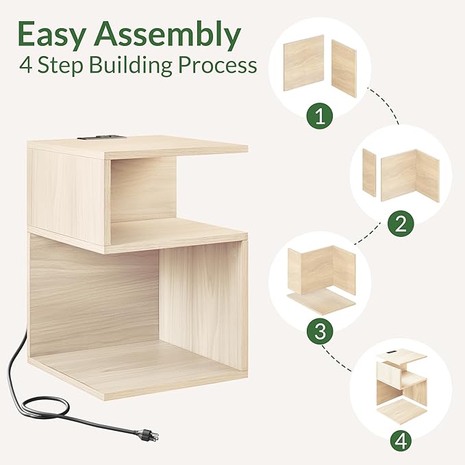Tokyo S Minimalist 3 Tier End Table with Fast Charging Station - USB C Cable Wood Nightstand for Small Spaces with Open Storage Bedside Table for Bedroom (Natural w/Charging)