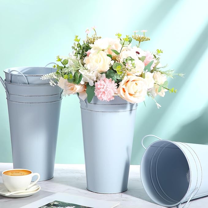 Irenare 12 Inch Vintage Galvanized Flower Bucket Metal Flower Vase Farmhouse French Bucket Planter Metal Floral Container for Party Table Centerpiece Weddings Home(Pale Blue,6 Pcs)