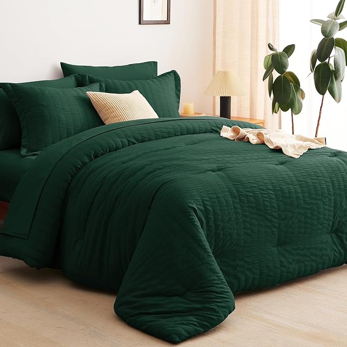 CozyLux Full Size Comforter Sets with Sheets Seersucker 7 Pieces Emerald Green Bed in a Bag Textured Luxury Soft Bedding Set with Down Alternative Comforter, Sheets, Pillowcases & Shams for All Season