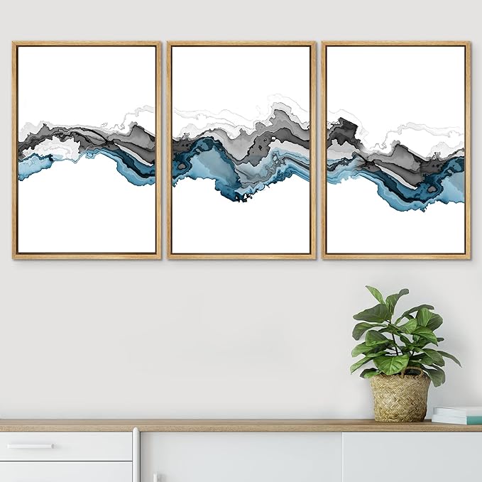 SIGNWIN Framed Canvas Print Wall Art Set Black Blue Smoke Wave Landscape Abstract Shapes Illustrations Modern Art Decorative Contemporary Colorful for Living Room, Bedroom, Office - 24"x36"x3 Natural