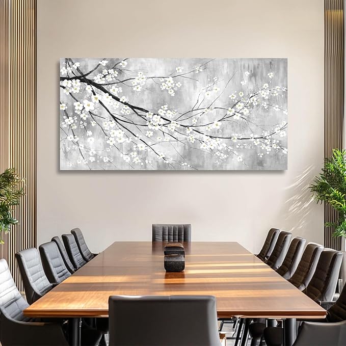 MLART99 White Canvas Wall Art Plant Pictures Decoration 29"x58" Canvas Pictures for Bedroom Living Room Office Kitchen Decoration