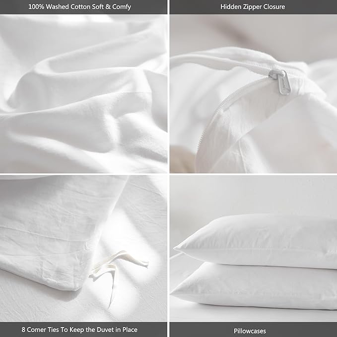 MooMee Twin Duvet Cover Set, 100% Washed Cotton Linen Like Twill Thick Sturdy Material Super Soft Breathable Durable Bedding for All Season, 2 Pieces (Bright White, Twin 68"x90")