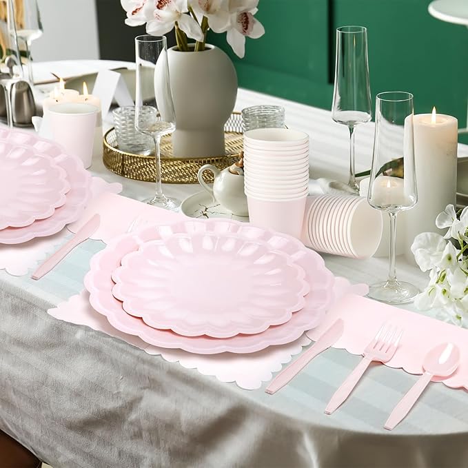 Newtay Light Pink Scalloped Paper Plates Shell Edge Disposable Tableware Cocktail Napkins Cups Plastic Spoons Forks Knives for Wedding Baby Shower Picnic Birthday Party Supply for 50 Guests