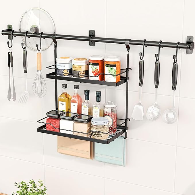 NADAMOO Kitchen Utensil Hanger and Spice Rack with Towel Rack Holder，Wall Mount Space Saving Metal Storage Organizer for Pantry, Countertop, Bathroom
