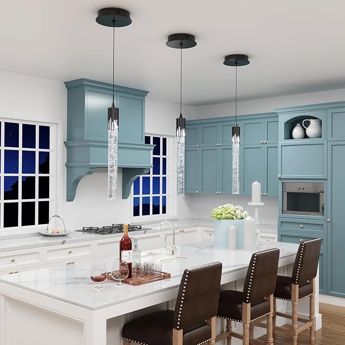 Flashing God Black Pendant Lights Modern LED Kitchen Island Light Crystal Mini Pendant Light with Dimmable LED Bubble Crystal Chandelier for Dining Room, Bedroom, Bar