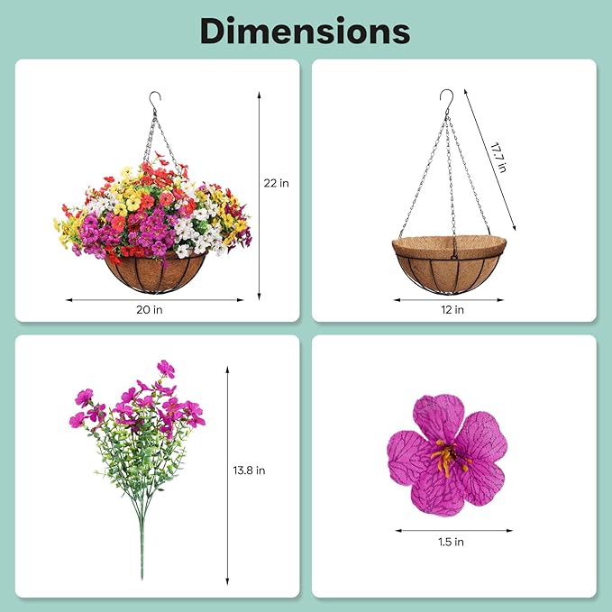 2 Pack Outdoor Artificial Flowers with Hanging Basket, Fake Hanging Flowers for Spring Summer Front Porch Patio Yard Garden Home Decor (Creamy White, Red, Purple, Yellow)