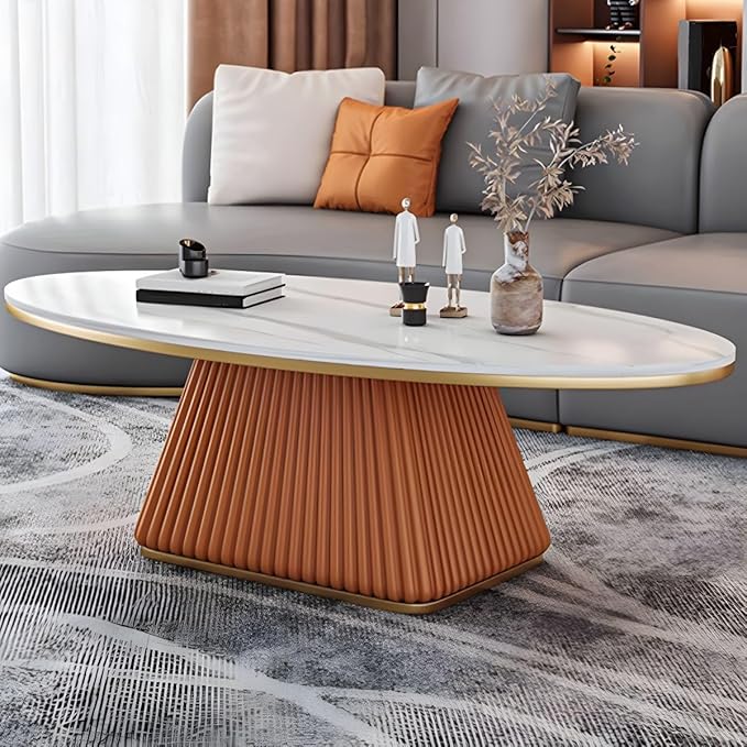RUNNUP Oval Stone Coffee Table Modern Side End Table for Coffee Dinning Living Room Kitchen, Small Stand Contemporary Design Home Furniture Marble Table for Couch, 47" L x 24" W x 18" H White/Orange