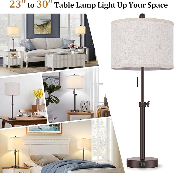 Modern Brown Table Lamps Set of 2, 23’’-30’’ Adjustable Bedroom Lamps with 2 USB Ports, Living Room Lamp Set with Cream Linen Shade, Industrial Desk Lamp for Nightstand End Table Home Office Reading