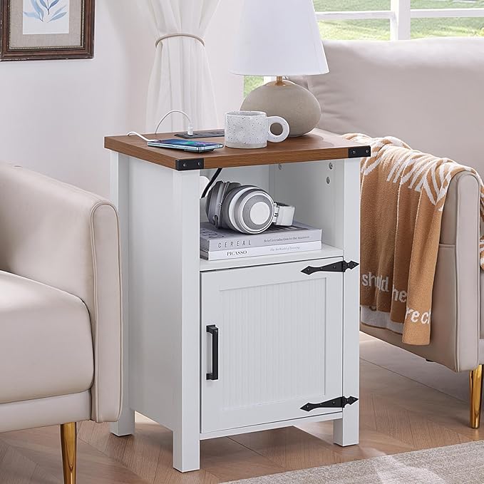 Nightstand with Charger Station and USB Port, 18 Inch Farmhouse Night Stand with Storage Shelf, Modern Couch Side Table with Magnetic Door, Bedside Tables for Bedroom, Home, Antique White