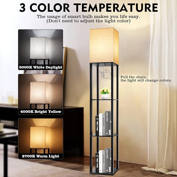 RUNTOP 3-Shelf Floor Lamp with LED Bulbs - Modern Standing Display Shelf Lamp for Living Room, Bedroom and Office (Black)