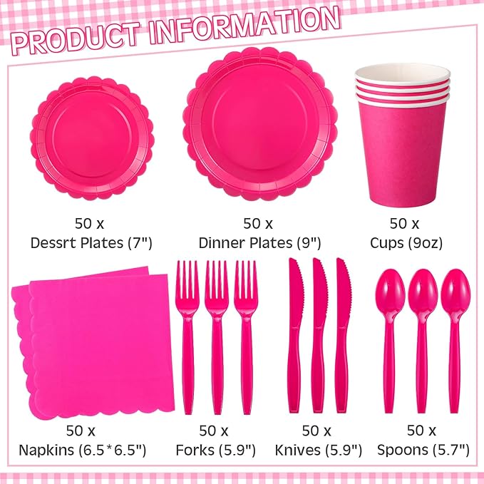 350 Pcs Hot Pink Plates and Napkins, 50 Guest Breast Cancer Awareness Party Supplies Include Scalloped Paper Plates Napkins Cups Plastic Spoons Forks Knives Disposable Tableware Set for Women