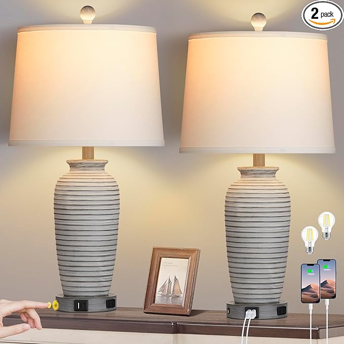 25" Farmhouse Jar Table Lamps Set of 2, 3 Way Touch Control Rustic Bedside Lamps with USB A+C Ports & AC Outlet, Pot Nightstand Lamps for Bedroom Living Room (LED Bulbs Included)
