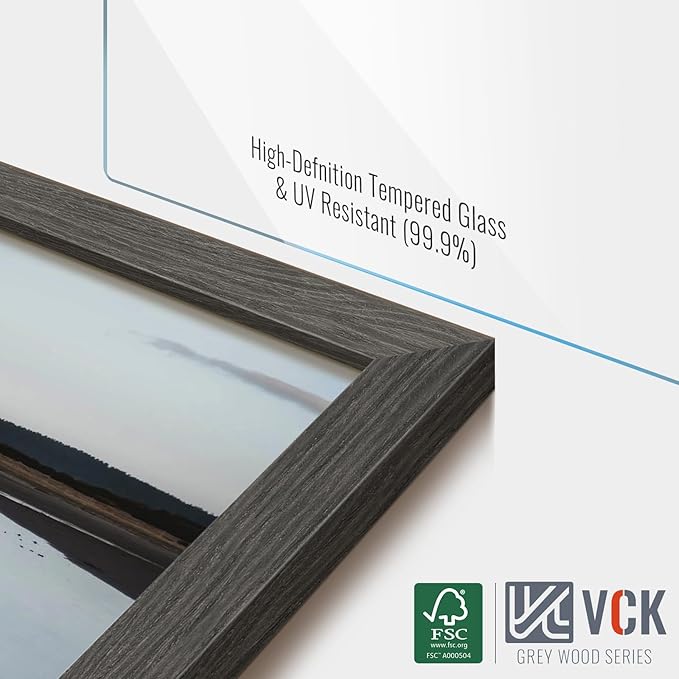 VCK 12x18 Picture Frame 5 Pack - Grey, High-End Wood Poster Frames with Tempered Glass, Display 11x17 Photo with Mat or 12x18 without Mat, Art Gallery-Quality, Wall Hanging, Grey
