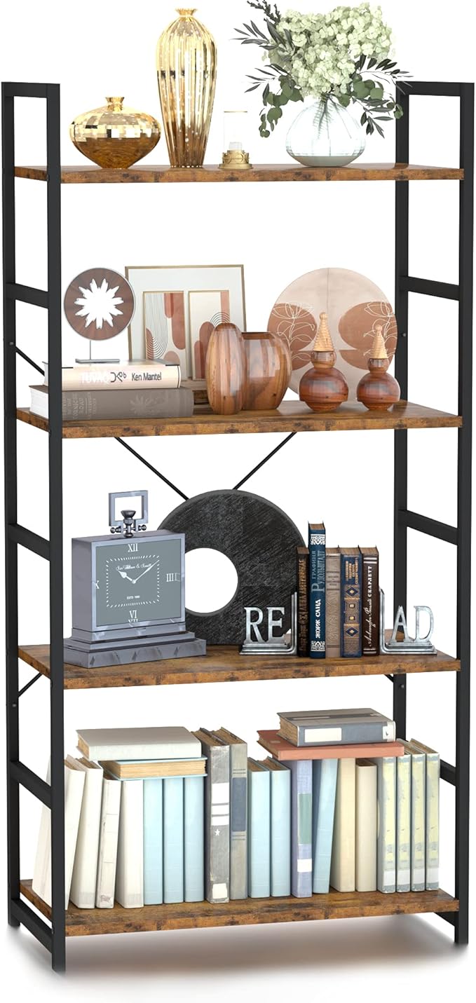 NUMENN 4 Tier Bookshelf, Tall Bookcase Shelf Storage Organizer, Modern Book Shelf for Bedroom, Living Room and Home Office, Vintage