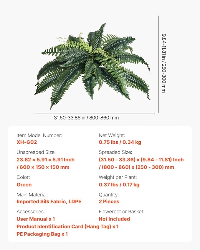 VEVOR Fake Ferns 2 Pcs, 34 Inch Artificial Boston Ferns Plants, Faux Fern with 30 Branches, Artificial Plants Large for Outdoors/Indoor Home, Office,Garden (Flowerpot Unincluded)