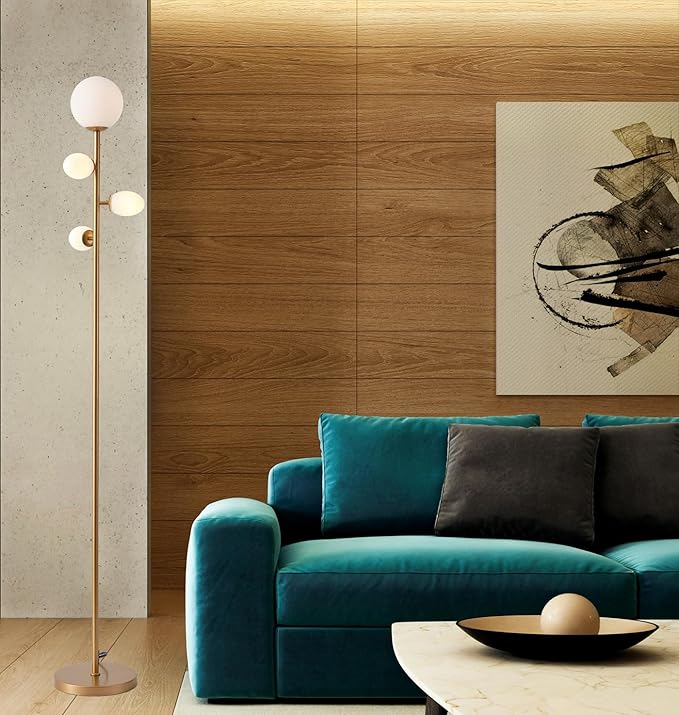 Fiqevs 4 Globe Mid Century Floor Lamp with LED Bulbs & Frosted Glass Lampshade, Modern Gold Tree Standing Lamp, Vintage Torchiere Tall Lamp for Living Room, Bedroom & Office