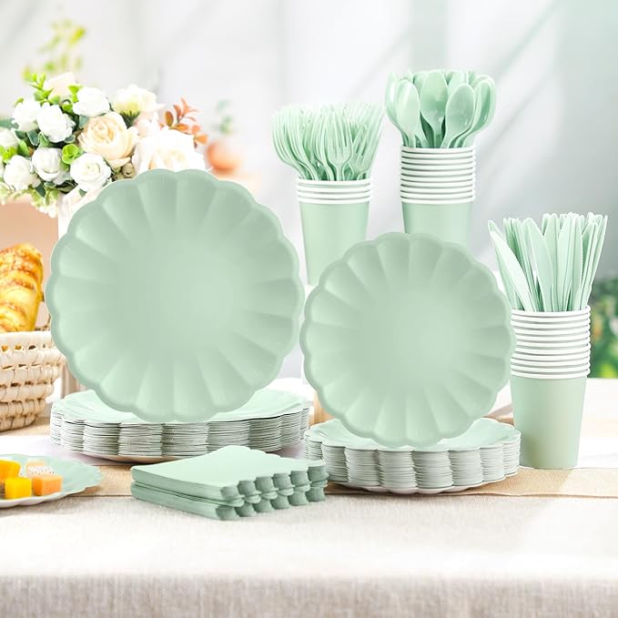 Newtay 350 Pcs Light Green Scalloped Paper Plates Shell Edge Disposable Tableware Cocktail Napkins Cups Plastic Spoons Forks Knives for Wedding Baby Shower Picnic Birthday Party Supply for 50 Guests