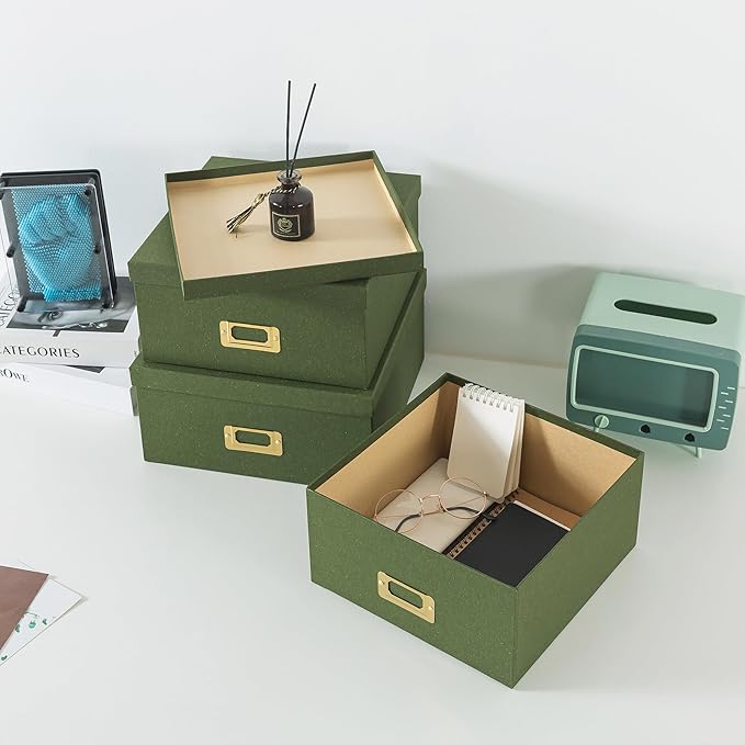 Soul & Lane Green Kraft Paper Boxes for Storage - Set of 3 Square Stacking Boxes with Lids and Gold Label Holders, Decorative Photo Storage, Nesting Cardboard Set for Decor and Organizing