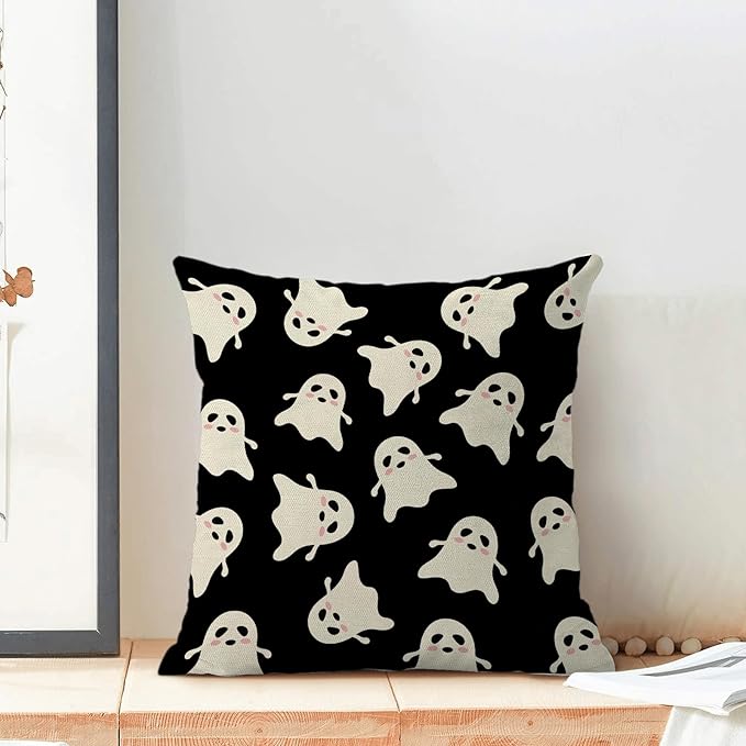 Halloween Decor Pillow Covers 18x18 Pack of 2 Black Beige Cute Ghost Throw Pillow Covers Outdoor Decoration,Fall Holiday Ghost Pillowcase Linen Decorative Cushion Case for Home Sofa Couch