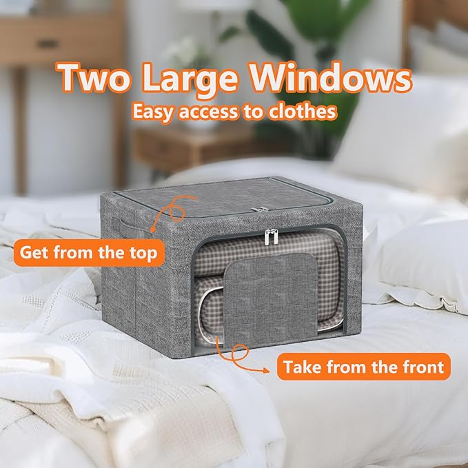 64L Stackable Clothes Storage Bins with Metal Frame, 4 Piece Stackable Clothes Organizer with Double Opening + Clear Window Design for Cabinets, Under Beds, Storage and Garage Gray