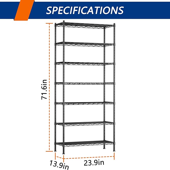 REGILLER 7-Tier Metal Storage Rack Adjustable Shelf,Storage Unit Shelf for Laundry Bathroom Kitchen Pantry Closet(Black,13.9" D x 23.9" W x 71.6" H)