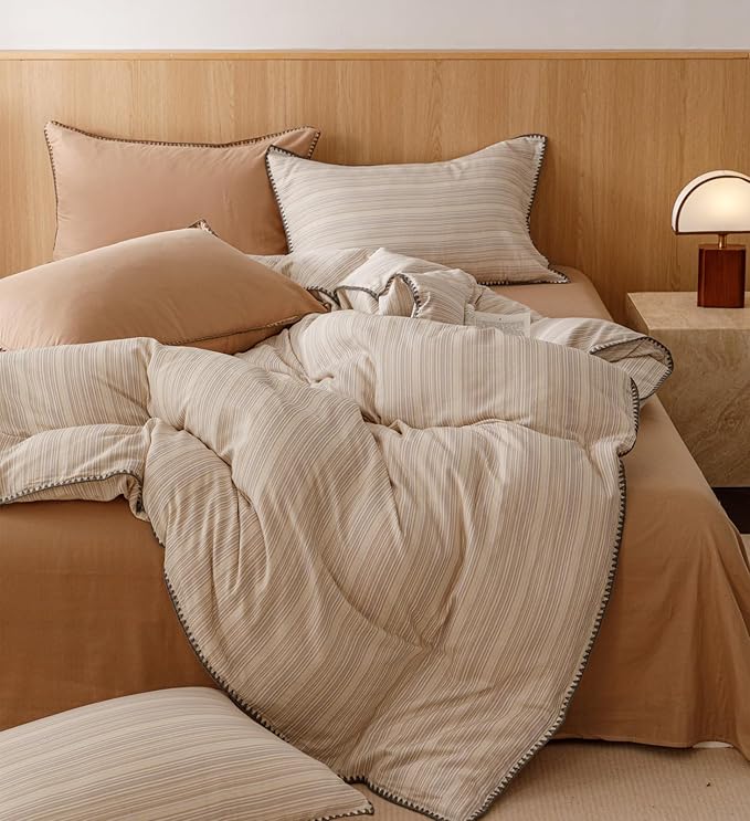 VM VOUGEMARKET Linen Duvet Cover King Striped Pattern Yarn Dyed Muslin Cotton Duvet Cover with Embroidered Edge Super Soft Cozy Bedding Set for Men Women,King Size