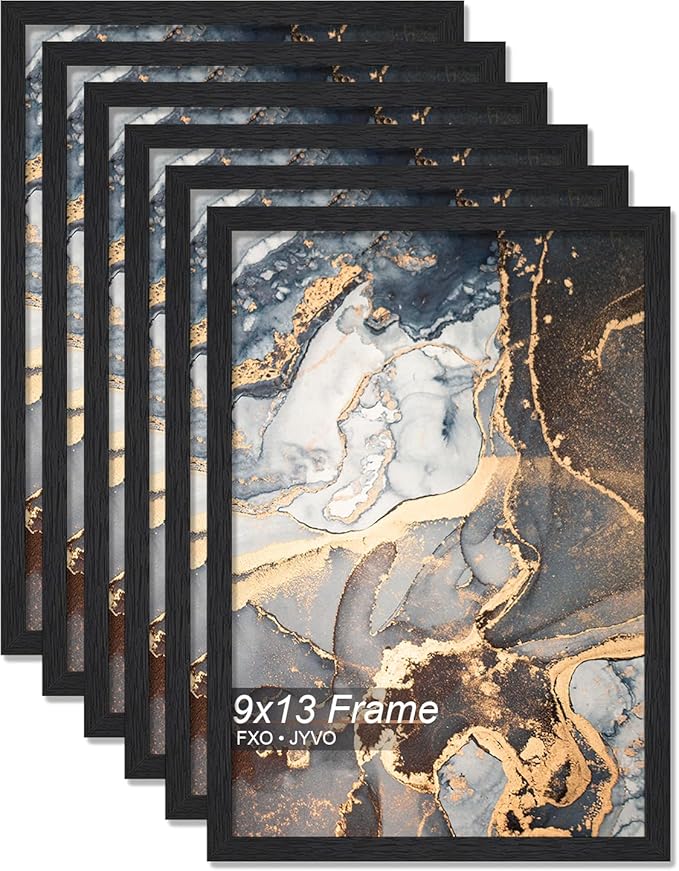 Engineered Wood 9x13 Picture Frame Set of 6, Black Frame for 9 x 13 Inch Picture Poster Photo, Light Weight 9 by 13 Frame with Wood-grain for Wall - 6 Pack/Black/9"x13"