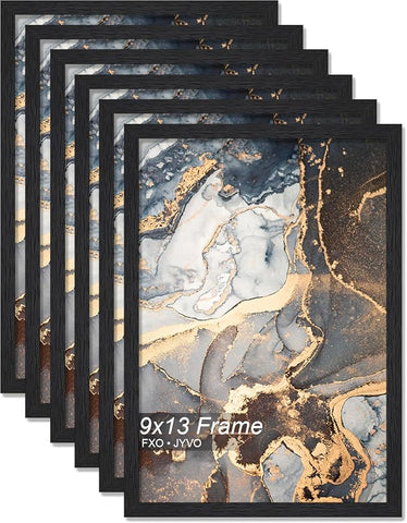 Engineered Wood 9x13 Picture Frame Set of 6, Black Frame for 9 x 13 Inch Picture Poster Photo, Light Weight 9 by 13 Frame with Wood-grain for Wall - 6 Pack/Black/9"x13"