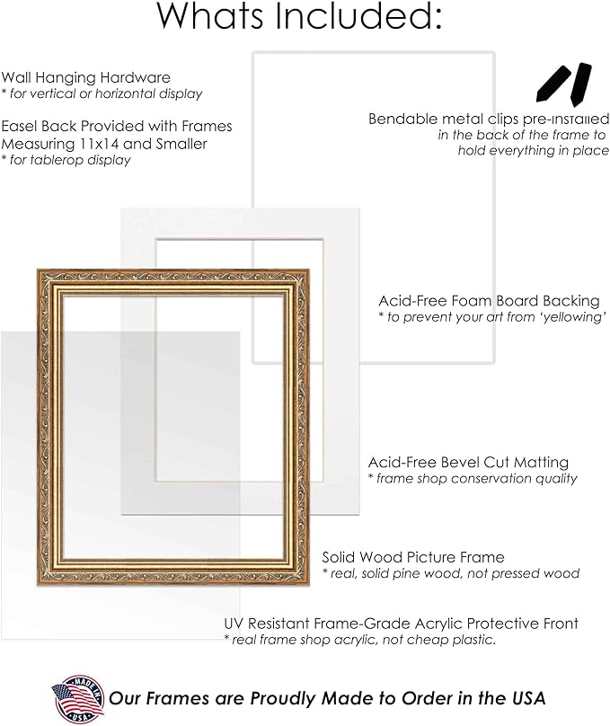 11.5x17 Frame with Mat - Antique Gold 14x19 Frame Wood Made to Display Print or Poster Measuring 11.5 x 17 Inches with White Photo Mat