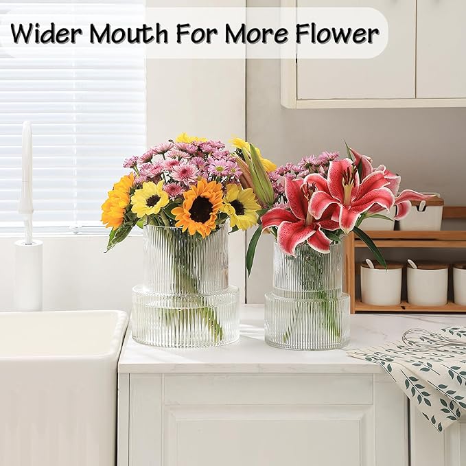 Ribbed Glass Vase, Large Glass Vase for Flowers, Fluted Glass Vases, Clear Glass Vases for Living Room, Office, Dining Table, Entryway, Mantle, Shelf, Wedding, 9 Inches