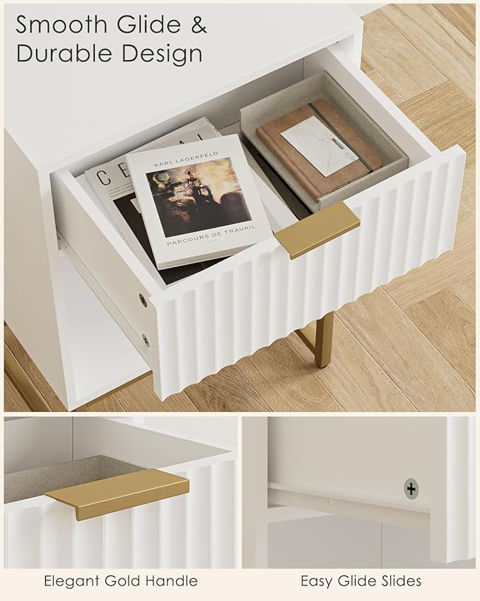 Masupu Fluted Nightstand,Modern Night Stand Wood Bedside Table with Storage Drawer Side End Table for Bedroom,Living Room,Office,White