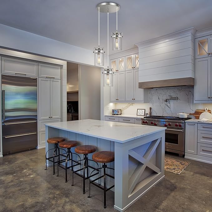Pendant Lighting for Kitchen Island, Modern Glass Pendant Light Linear Chandelier for Dining Room Industrial 3 Light Hanging Light Fixture Adjustable Cord Farmhouse Ceiling Light Brushed Nickel Finish