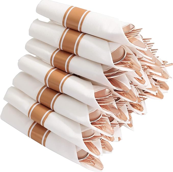Supernal Set of 30packs,Rose Gold Plastic Silverware, Pre Rolled Napkin with Cutlery, Disposable Silverware with Rose Gold Linen Napkin, Wrapped Plastic Silverware Set Suit for Party,Wedding