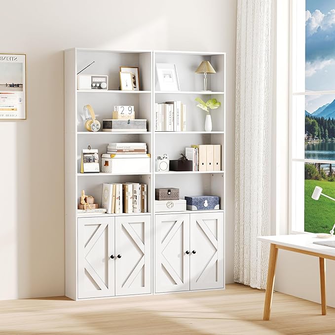 Tall Wooden Bookshelf with Cabinet and Doors,White Bookcase for Bedroom, Living Room, or Home Office Storage, 6 Shelves for Heavy Books & Organization